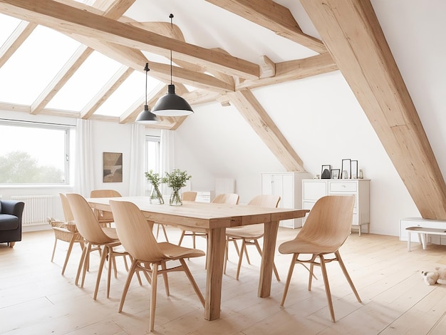 Mesa de comedor y sillas en el ático con vigas de madera Diseño interior escandinavo de comedor moderno