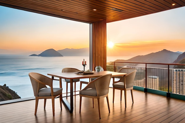 Una mesa de comedor y sillas en un balcón con vista a la montaña.