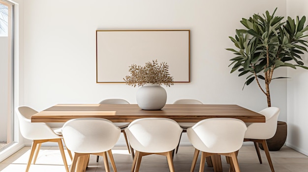 Mesa de comedor con sillas blancas y planta en maceta