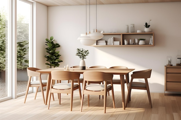 Mesa de comedor y sillas de madera natural hechas a mano, diseño interior de sala de estar moderna generada por ai