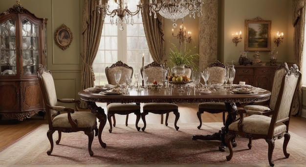 una mesa de comedor con sillas y una mesa con un jarrón con frutas en ella