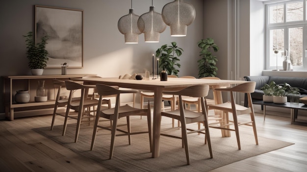 Mesa de comedor y sillas redondas de madera en tonos grises con una decoración interior moderna y elegante maqueta Al generado