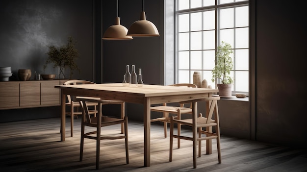 Mesa de comedor y sillas redondas de madera en tonos grises con una decoración interior moderna y elegante maqueta Al generado