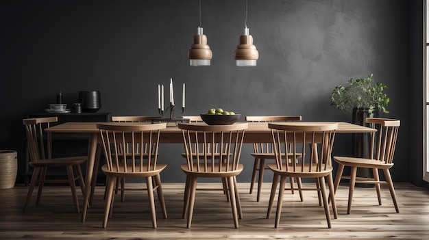 Mesa de comedor y sillas redondas de madera en tonos grises con una decoración interior moderna y elegante maqueta Al generado