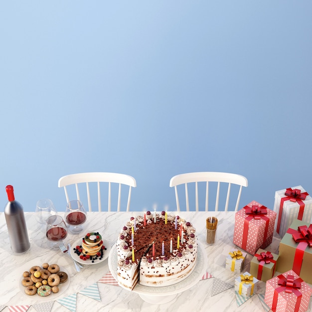 mesa de comedor con tarta de cumpleaños