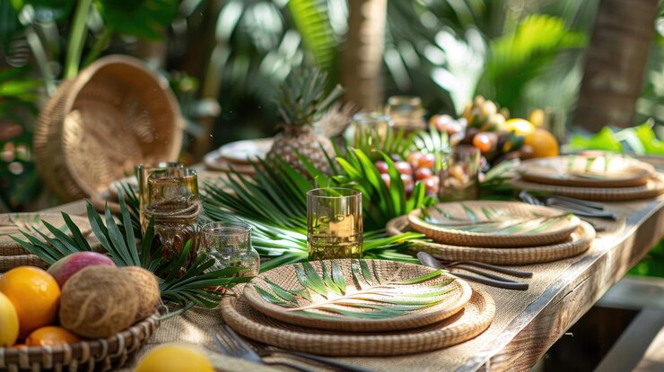 Mesa de comedor tropical al aire libre con platos tejidos frutas frescas y hojas decorativas que crean