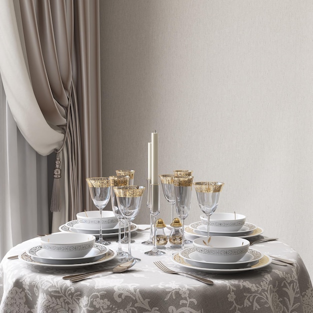 Mesa de comedor victoriana clásica con platos tazón vasos vela a la luz del sol desde la ventana para el diseño de interiores barrocos de lujo fondo de decoración 3D