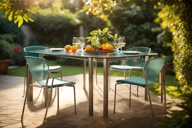 Una mesa de comedor de vidrio moderna en un jardín sereno