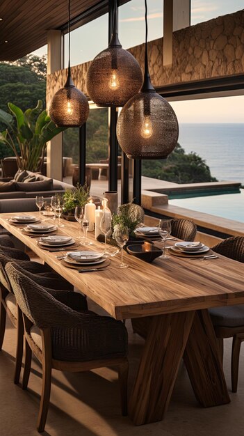 una mesa de comedor con vistas al océano y al océano