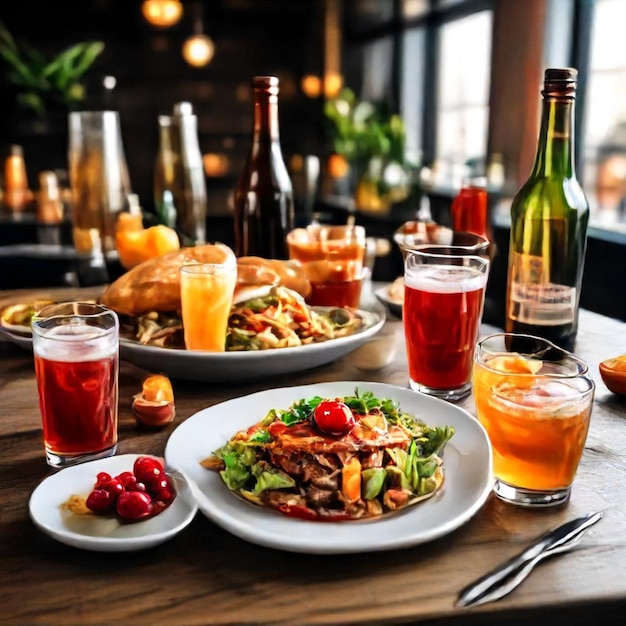 una mesa con comida y bebidas y una botella de vino