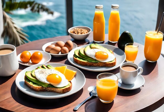 una mesa con comida y bebidas para el desayuno, incluidos huevos, huevos y jugo de naranja