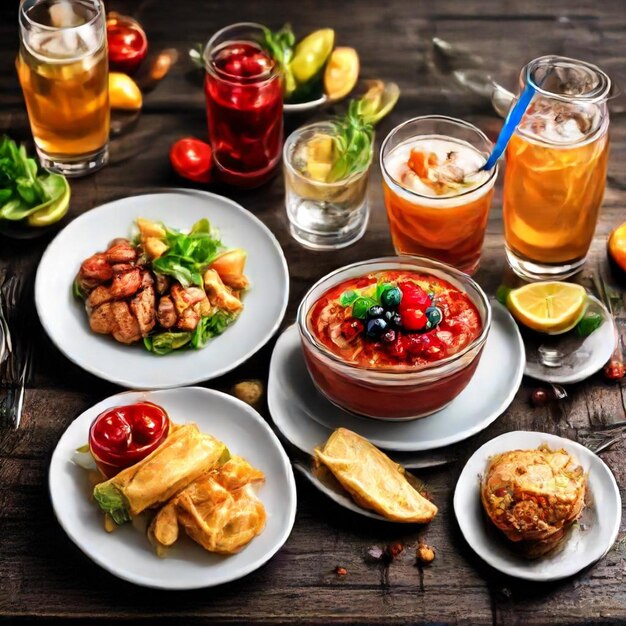 una mesa con comida y bebidas, incluida una comida con un vaso de cerveza