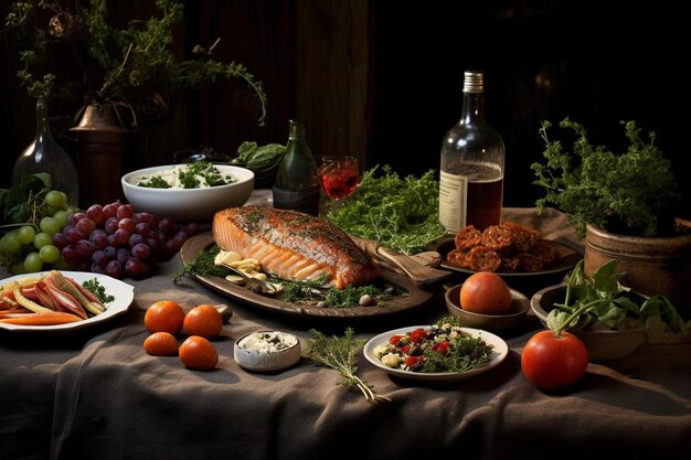 Una mesa con comida y una botella de vino.