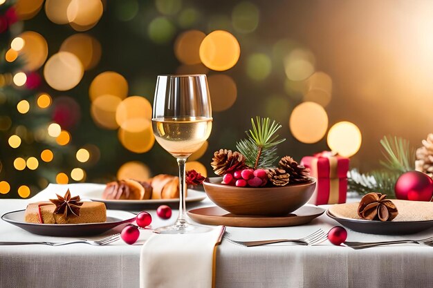 Una mesa con comida y una copa de vino.