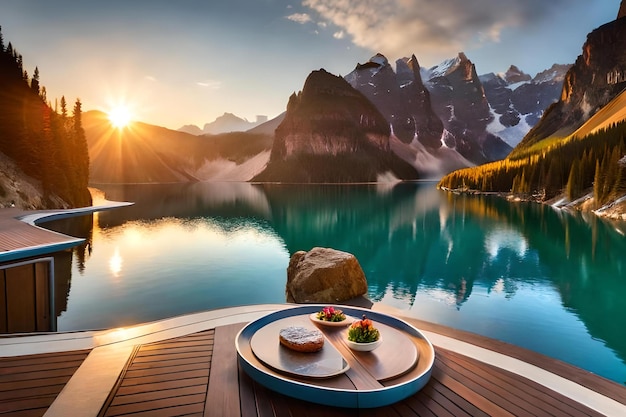 Una mesa con comida frente a una montaña.