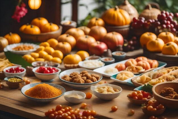 Una mesa de comida con frutas y verduras