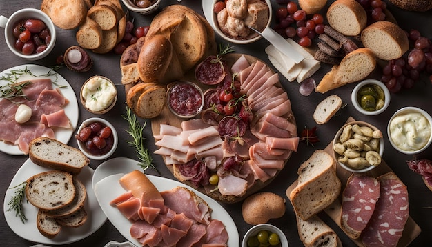 una mesa con comida incluyendo queso de jamón y pan