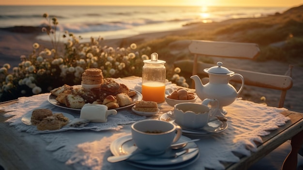 Una mesa con comida y juego de té Arte generativo con IA