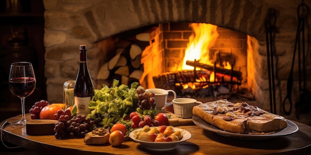 Mesa de comida lista junto a un fuego en una chimenea de ladrillo