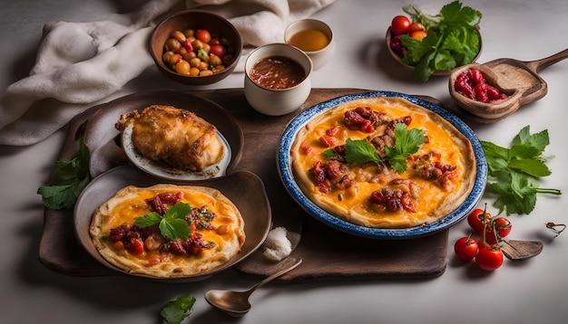 una mesa con comida y un plato de comida en ella