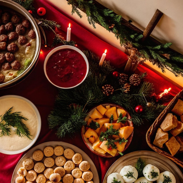 una mesa con comida y un plato de galletas y un árbol de Navidad en ella