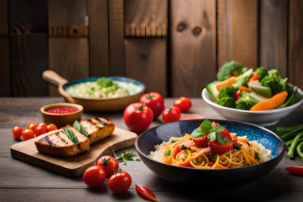 Una mesa con comida y un plato de pasta y ensalada.