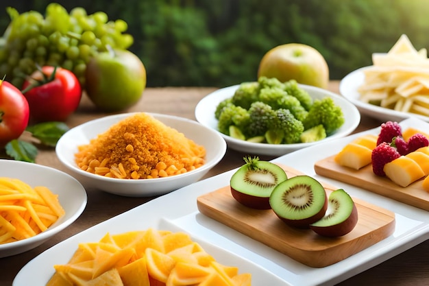 una mesa de comida que incluye brócoli, brócoli, queso y aguacate.
