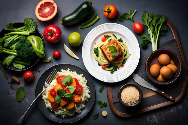 Una mesa de comida que incluye pasta, tomates y otros alimentos, incluido el salmón.