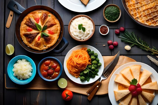 Una mesa con comida que incluye un plato de comida con cuchillo y tenedor.