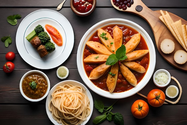 Una mesa de comida que incluye un plato de comida que incluye un plato de comida.