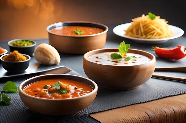 Una mesa de comida que incluye sopa de tomate y pasta.