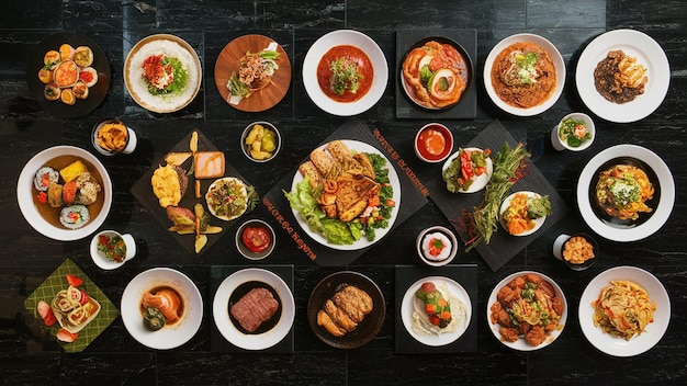 una mesa de comida con una variedad de platos, incluida la comida y un menú del sitio web de la compañía