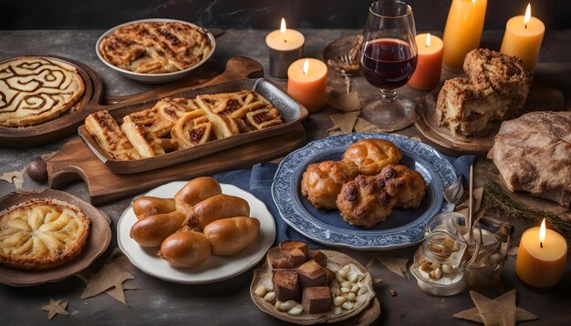 Foto una mesa con comida y una vela que dice postre