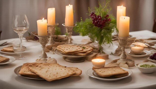 una mesa con comida y velas y una vela en ella