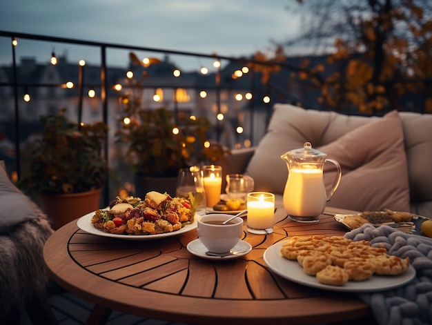 una mesa con comida y velas