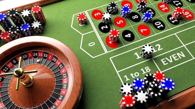 Mesa completa de casino con ruleta y fichas 3d render