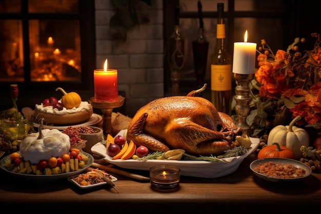 Una mesa completamente puesta con un gran pavo asado, velas parpadeantes y botellas de vino abiertas preparadas para una cena familiar de Acción de Gracias