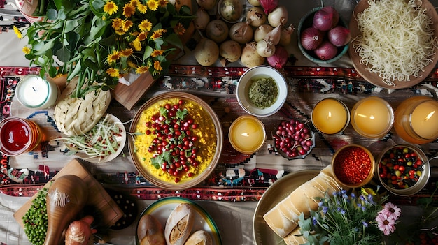 Foto mesa composta de alimentos típicos de nowruz