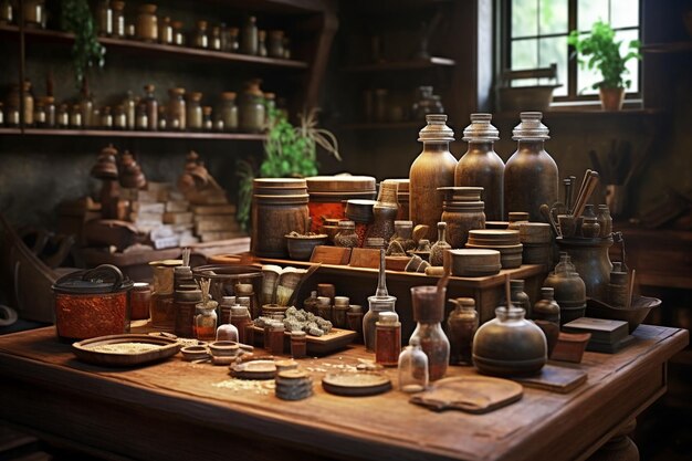 Foto mesa de compuestos de madera tradicional en una vieja generativa ai
