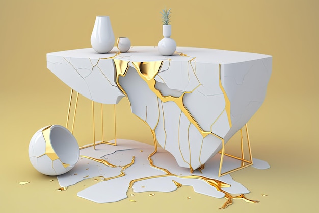 Mesa consola estilo kintsugi blanco y dorado con líneas agrietadas AI