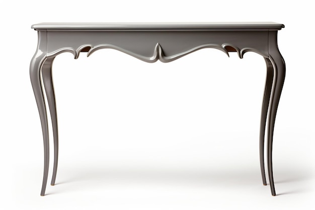 Foto mesa de consola de madera con patas curvas lacadas en gris sobre fondo blanco