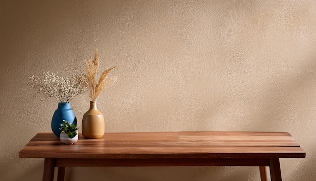 Mesa de consola de madera rústica contra la pared de estuco beige con espacio de copia
