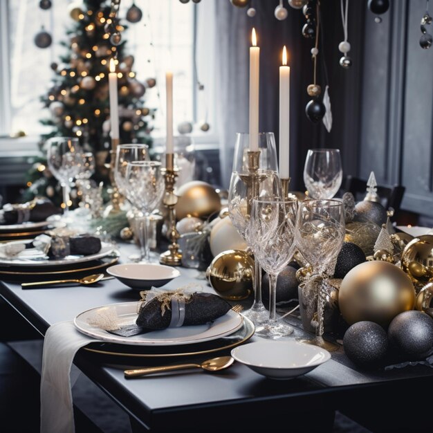 Mesa contemporánea decorada para Navidad en familia Generado por IA