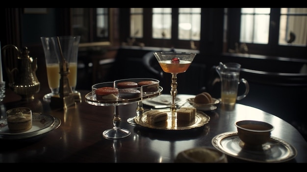 Una mesa con una copa de cócteles y un vaso de líquido encima.