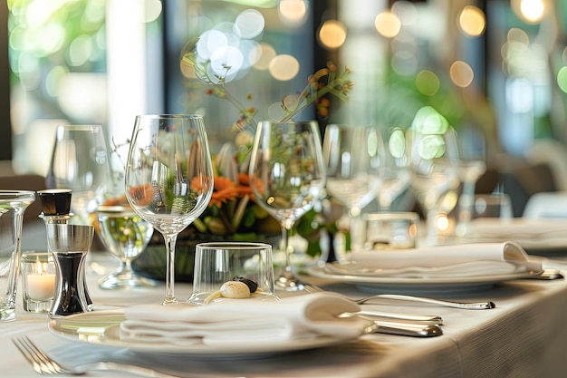 Una mesa con copas de vino, platos y platos de plata