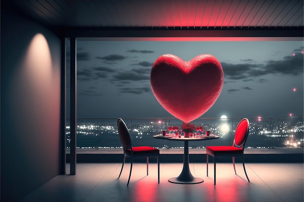 Una mesa con un corazón y una ventana con una ciudad al fondo.