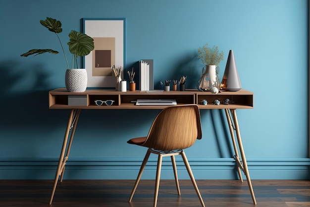 Mesa criativa em casa com materiais de madeira contra uma parede azul