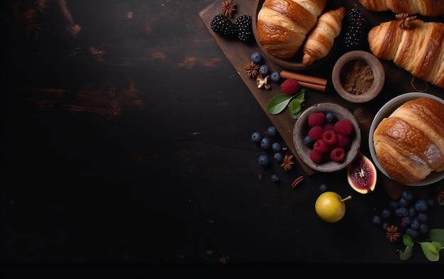 Una mesa con un croissant de bayas y un plato de frutas.