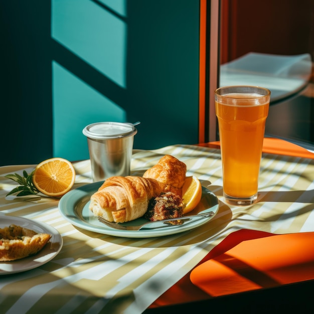 una mesa con un croissant, jugo de naranja y una taza de café