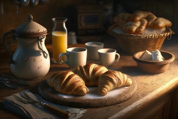 Una mesa con un croissant y una taza de jugo de naranja.